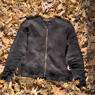 Black StructuredDenim Hemp Winter Coat with zipper, made from 100% hemp linen canvas for durable, eco-friendly warmth.