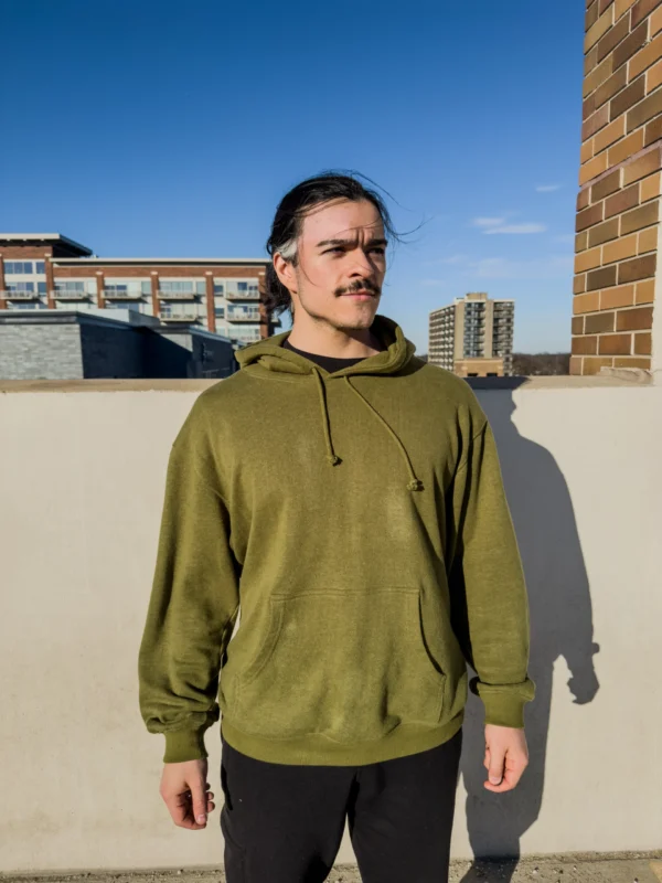 Front view of Symbiosis HempFleece Hoodie in olive, size Large, showcasing breathable and durable fabric.